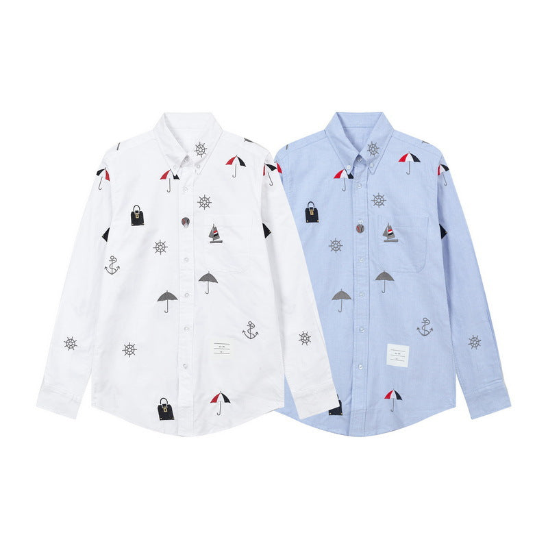 Men's Nautical Print Long-Sleeve Shirt — White & Blue | Thom Browne