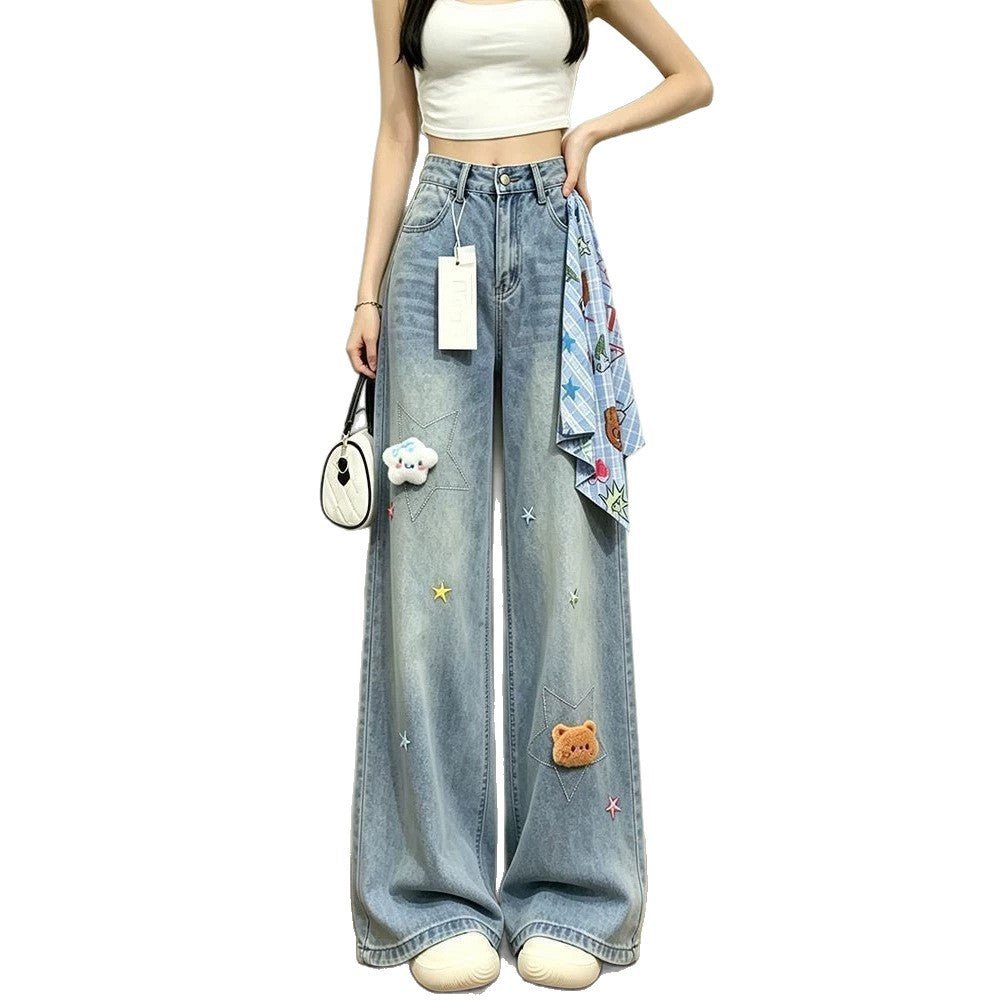 Bear Star Embroidery Scarf Decor Wide Leg High Waist Denim Jeans