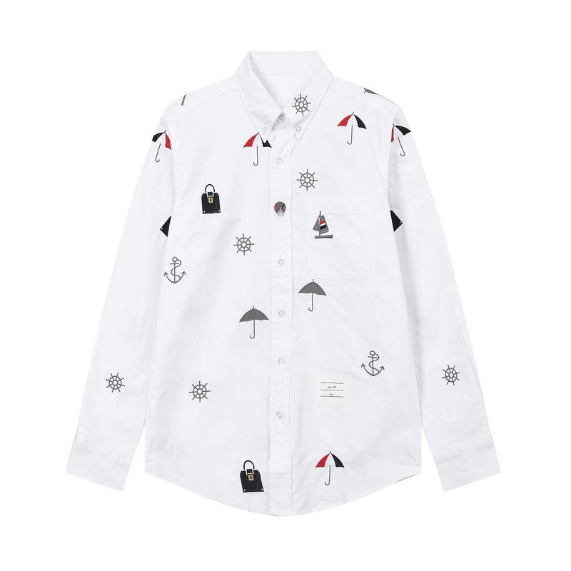 Men's Nautical Print Long-Sleeve Shirt — White & Blue | Thom Browne