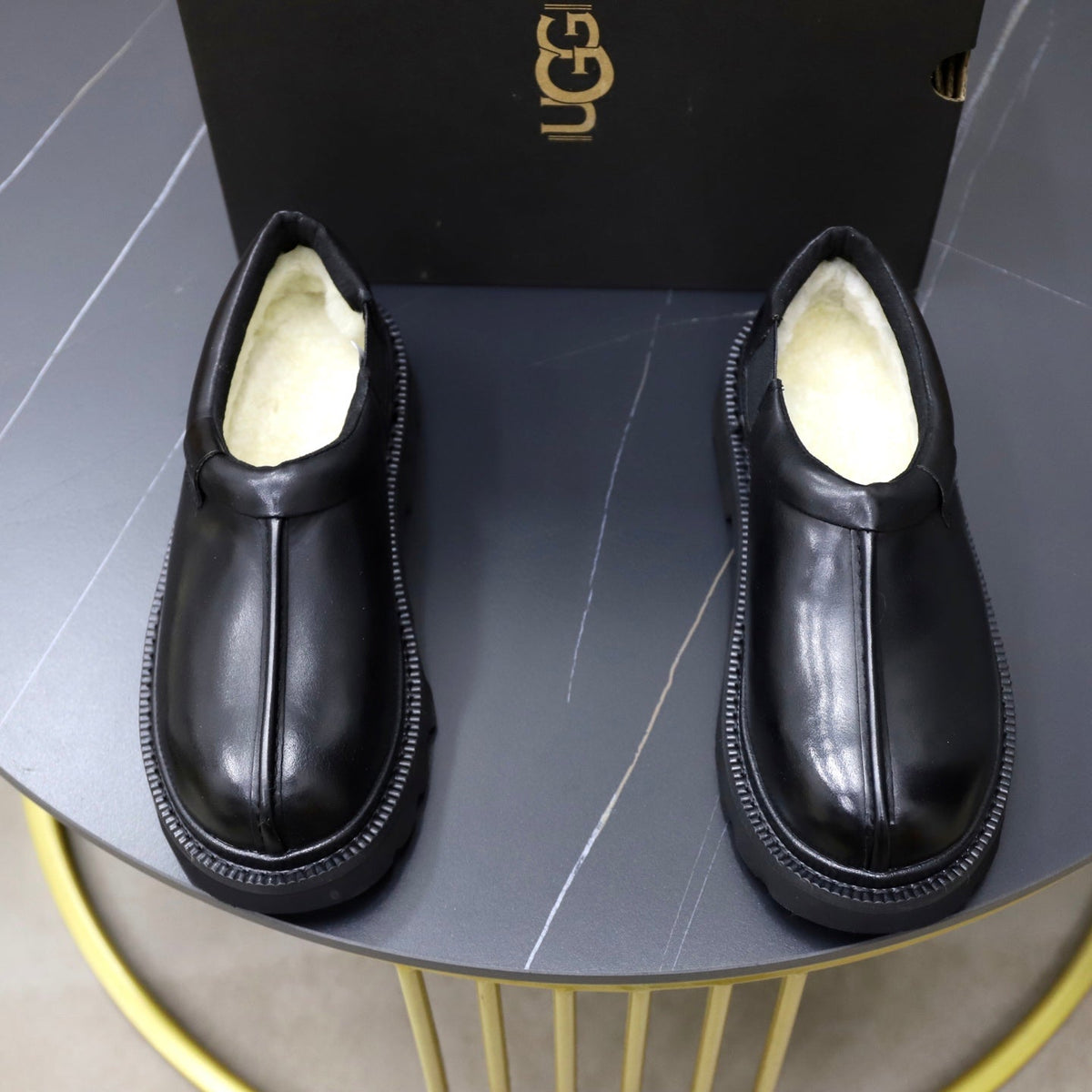 UGG Black Leather Slip-On Casual Shoes