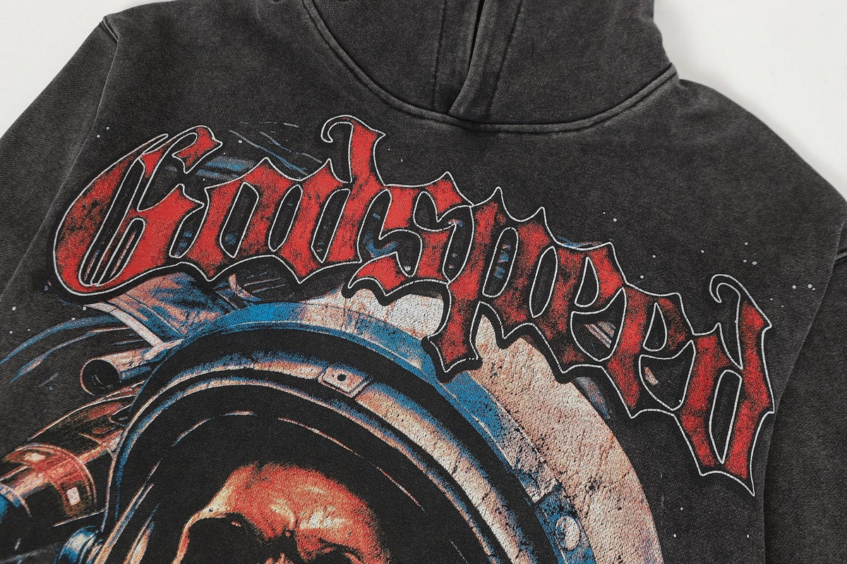 Godspeed Astronaut Skull Graphic Washed Raw Hem Hoodie
