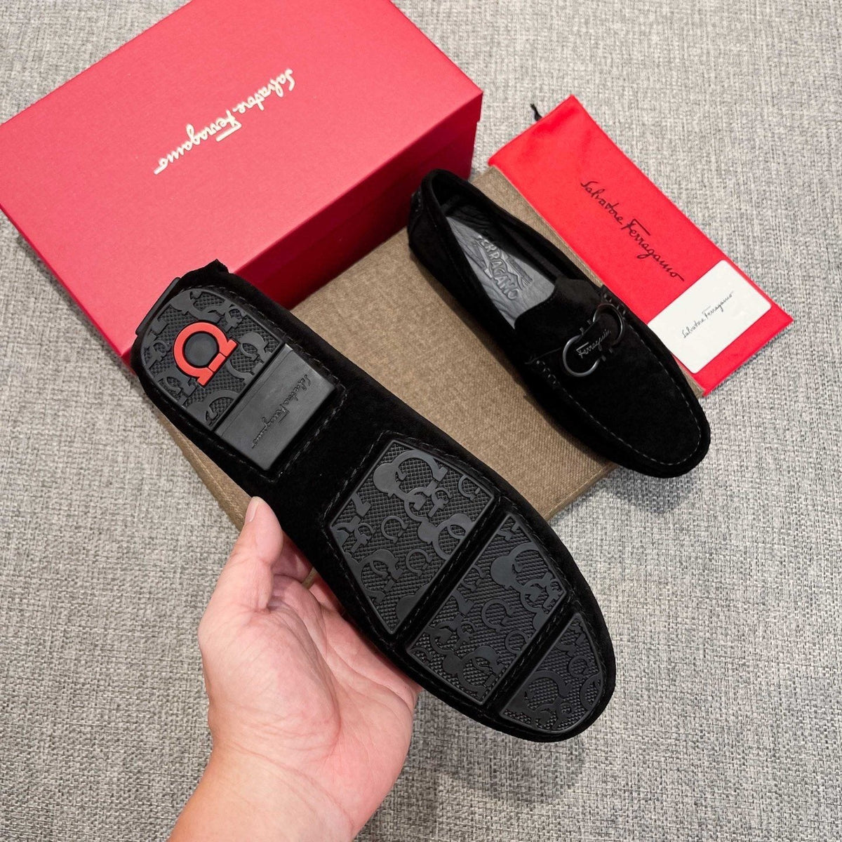 Ferragamo Men's Black Buckle Loafers - Textured Rubber Outsole