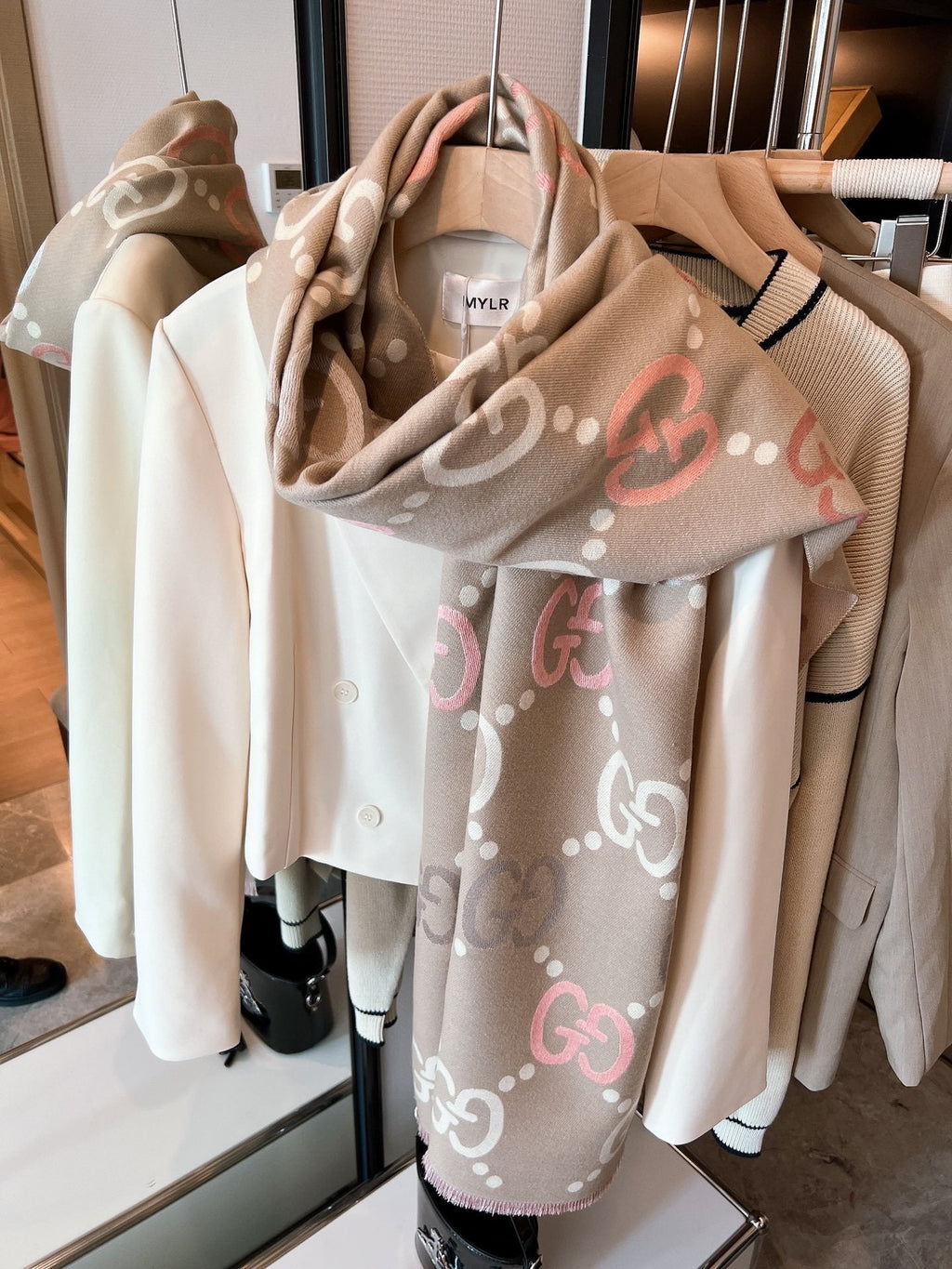 Gucci Beige Brown Ivory Monogram Fringed Scarf