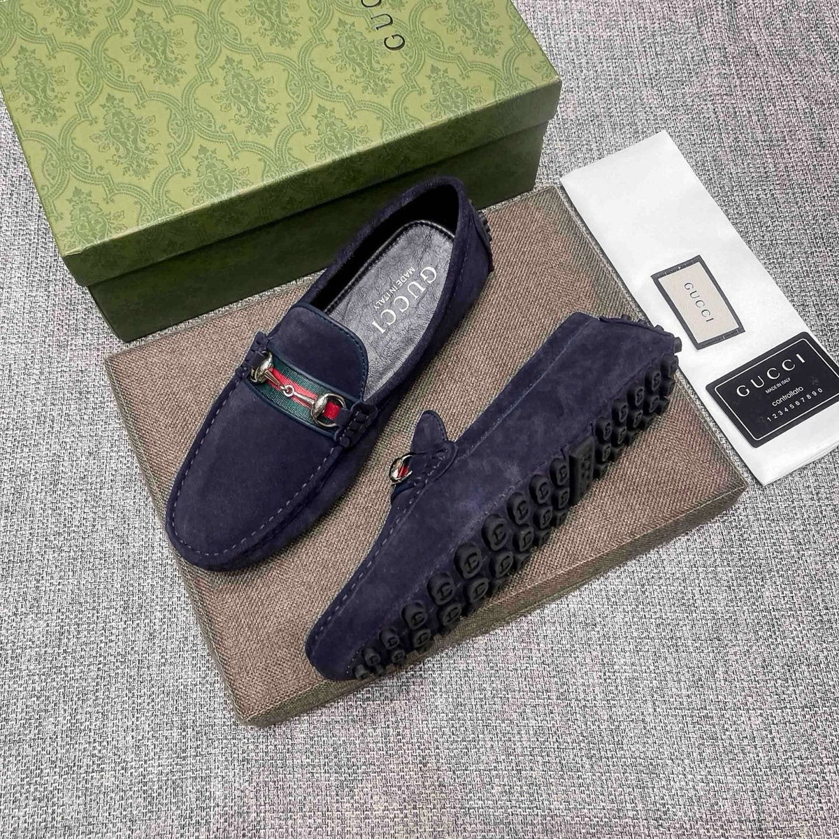 Gucci Navy Striped-Bit Driving Loafers