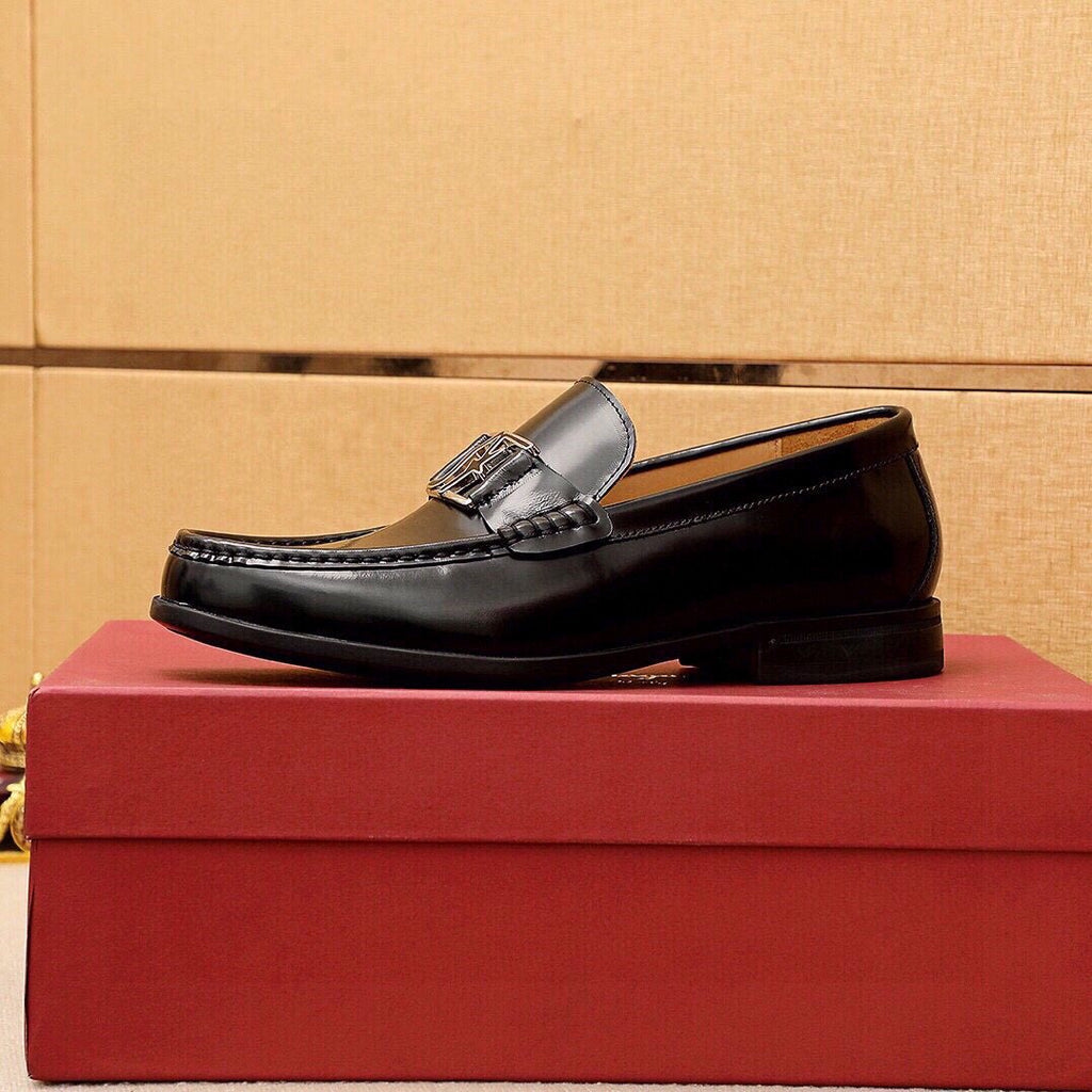 Ferragamo Black Leather Hardware Loafers - Rounded Toe