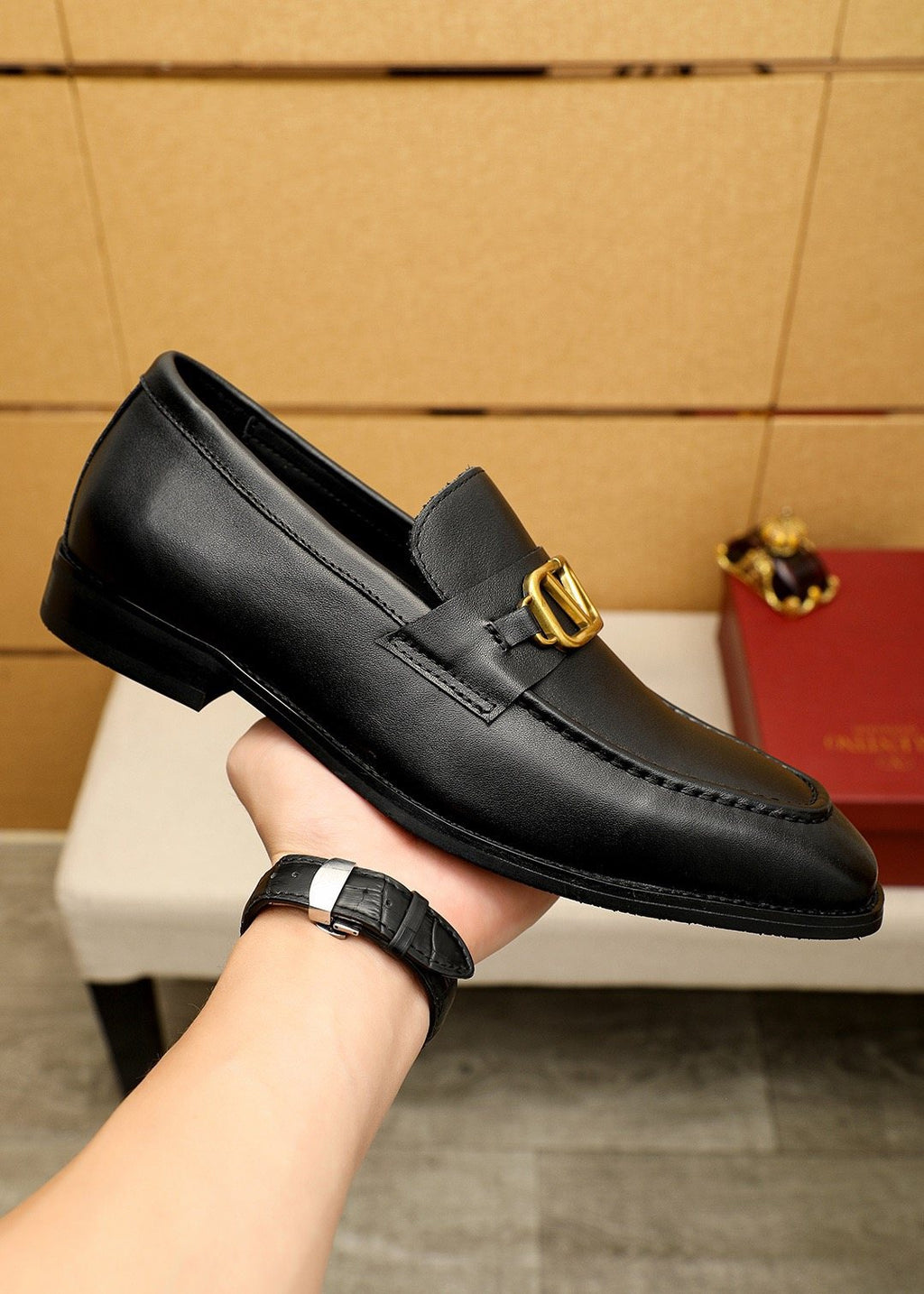 Valentino Gold-Tone V Hardware Loafers